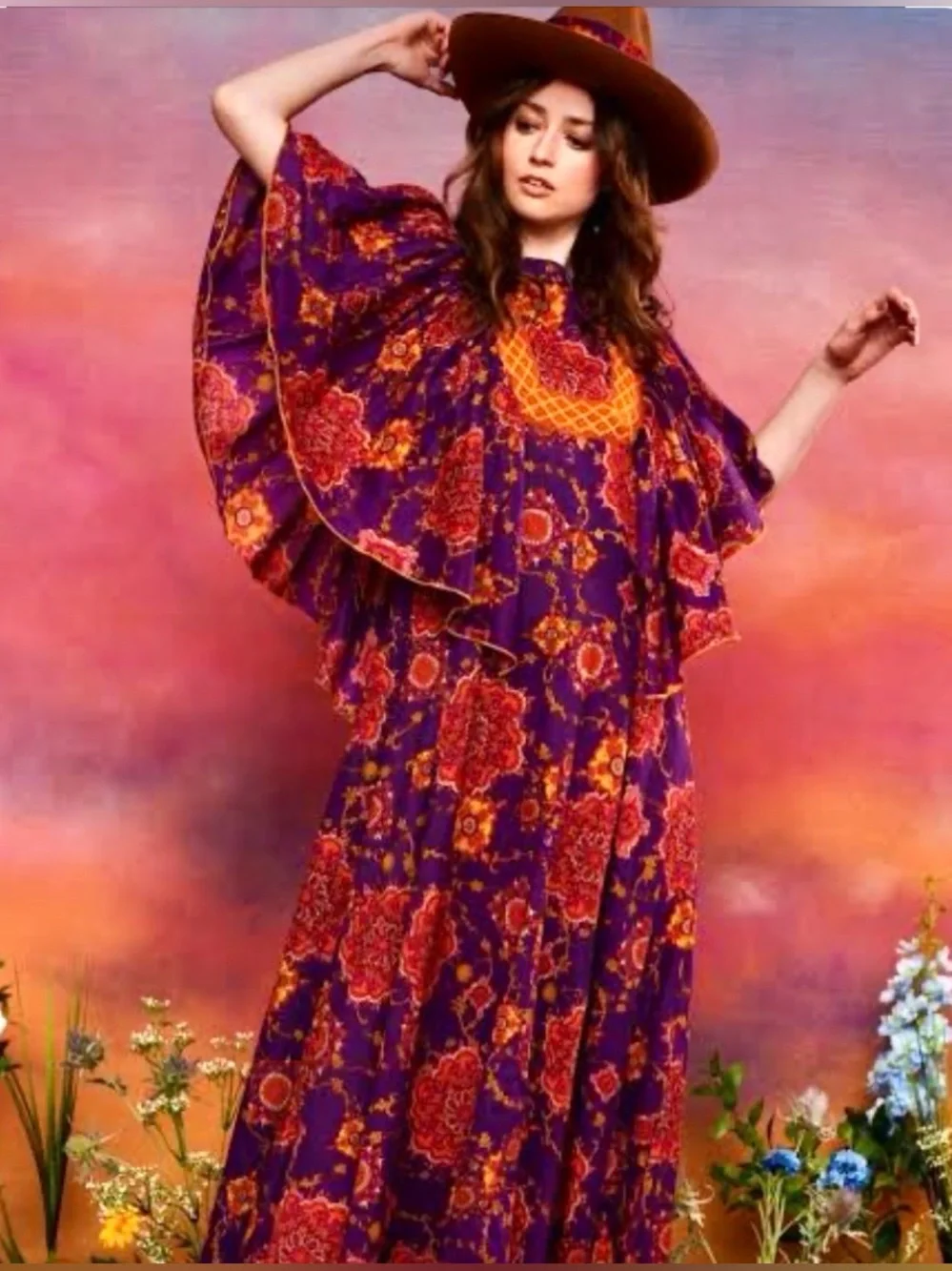 Hippie Shake Purple Mandala Maxi Dress Flutter Sleeve 1970s Style Gypsy Femme